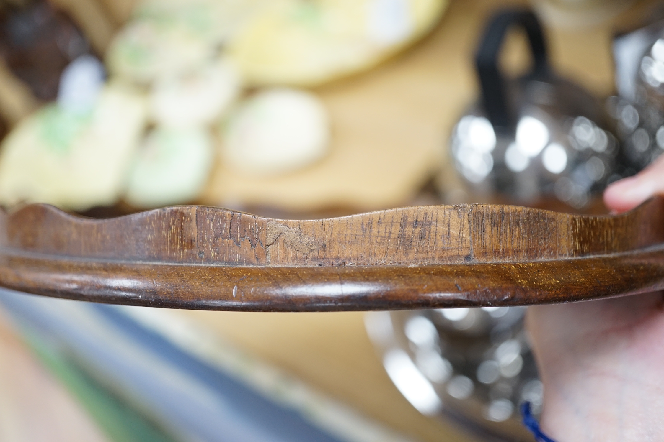 A novelty miniature mahogany upright piano and an inlaid mahogany tray, 39cm long